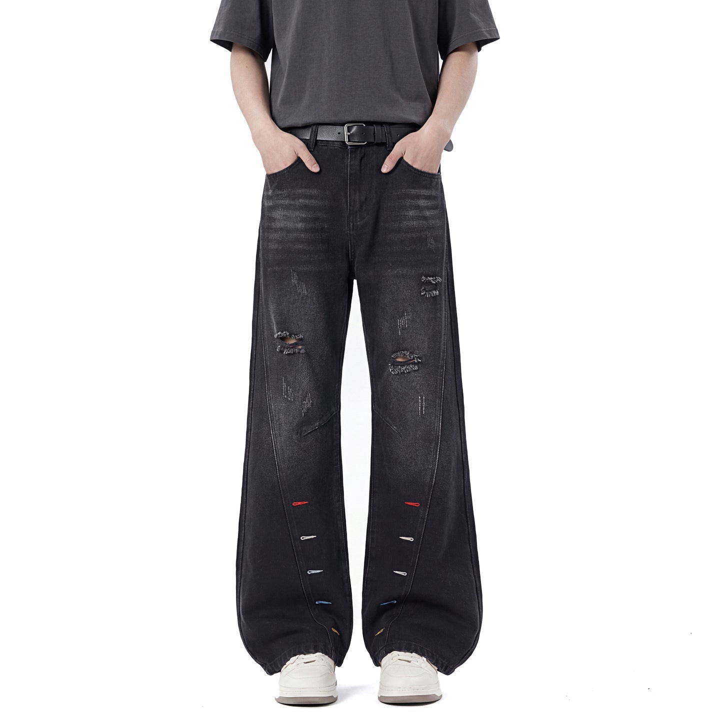 Colorful Buttonhole Diagonal Cut Jeans Men's Pants