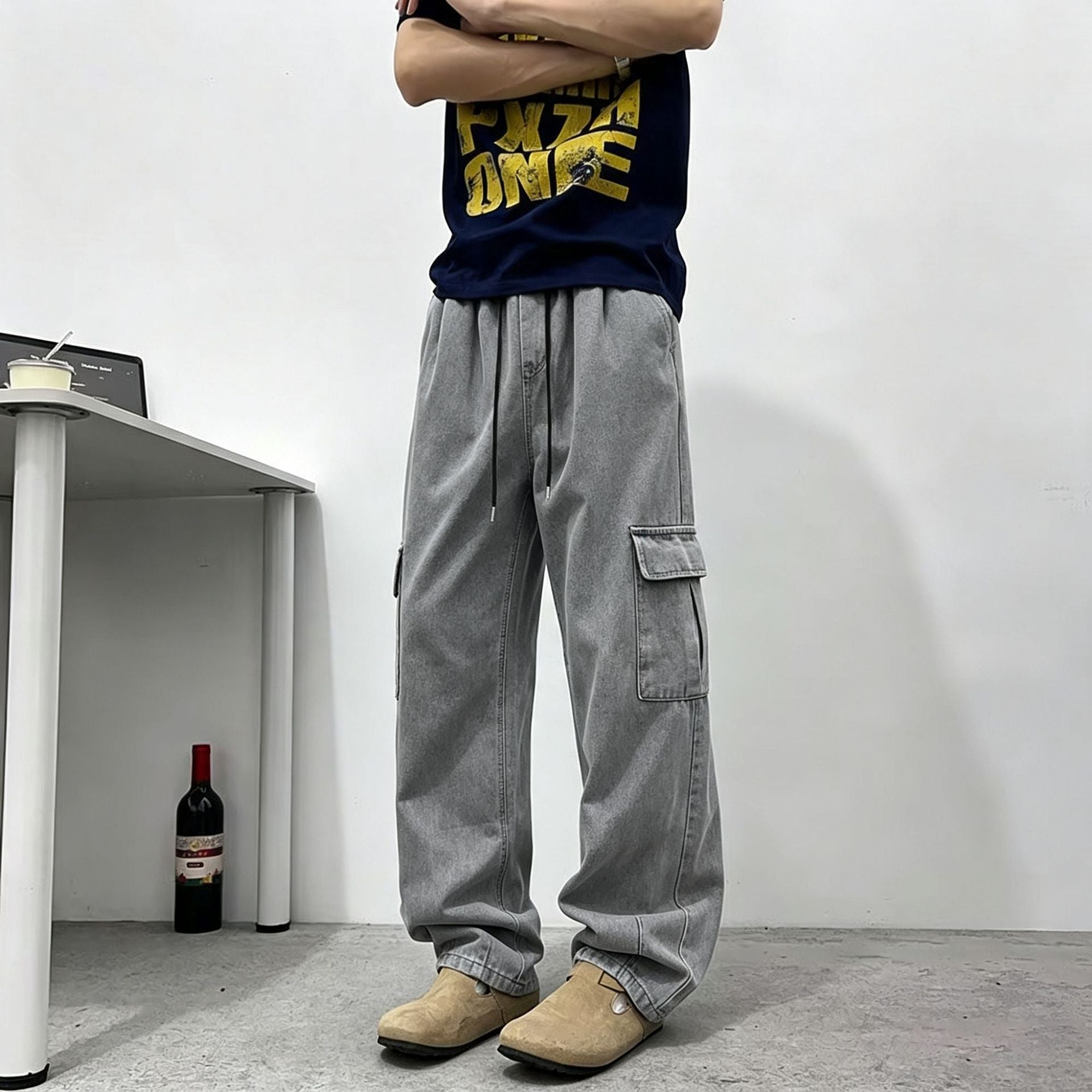 Casual Color-blocked Denim Pants for Men, Loose Fit, Multi-pocket, Fashionable, Versatile, Summer Style