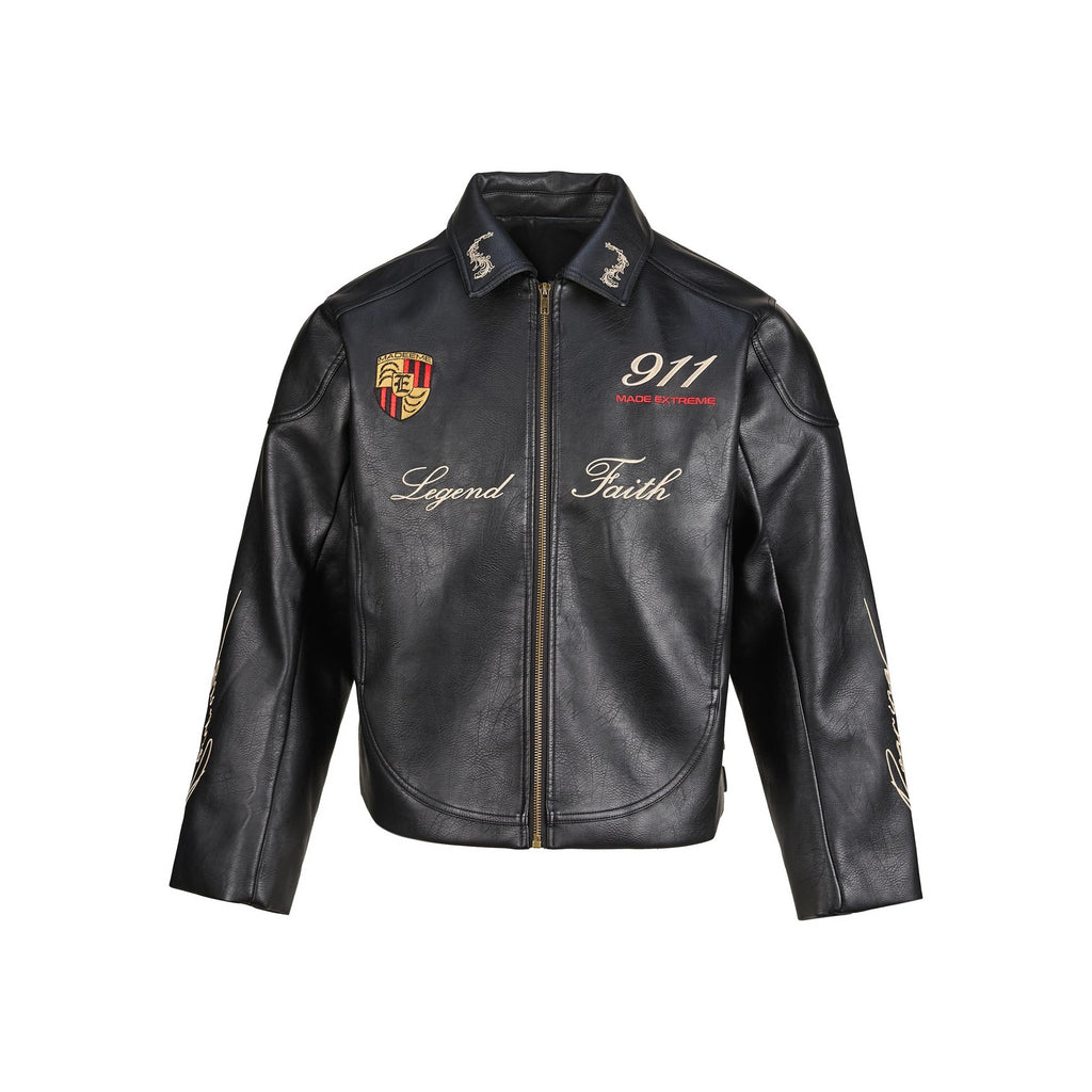 Street Biker Heavy Embroidery Long Sleeve PU Leather Zipper Lapel Crop Men's Jacket