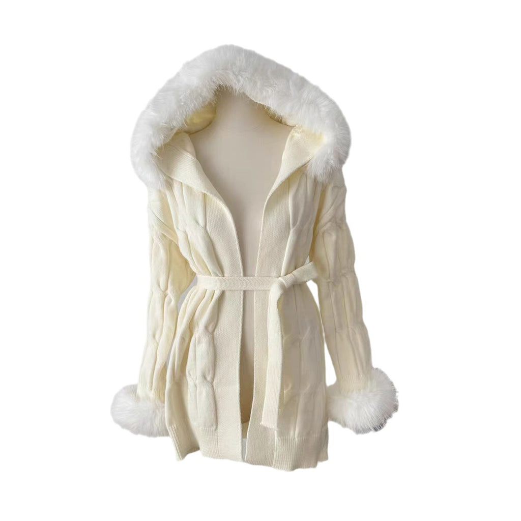 Loose hooded fur collar detachable fur long sleeved jacket for women