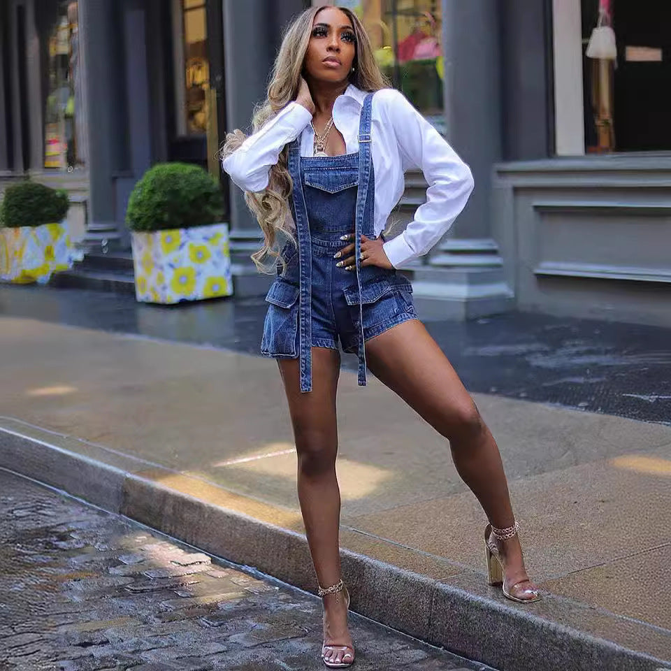 Women's Denim Jumpsuit - Washed Denim Overalls, Loose Fit, Multi-Pocket Cargo Sh
