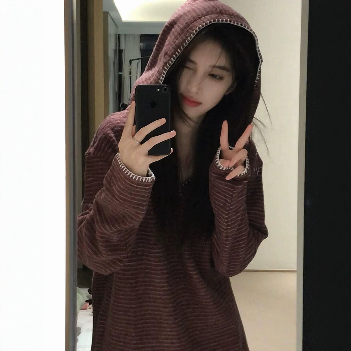 striped hoodie for women, loose fit, vintage thin long sleeve T-shirt