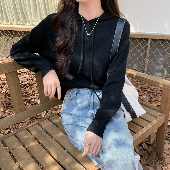 Chic Knit Sweater for Women with Hood, Loose Fit, Short Length, Crewneck, Solid Color, Casual Top