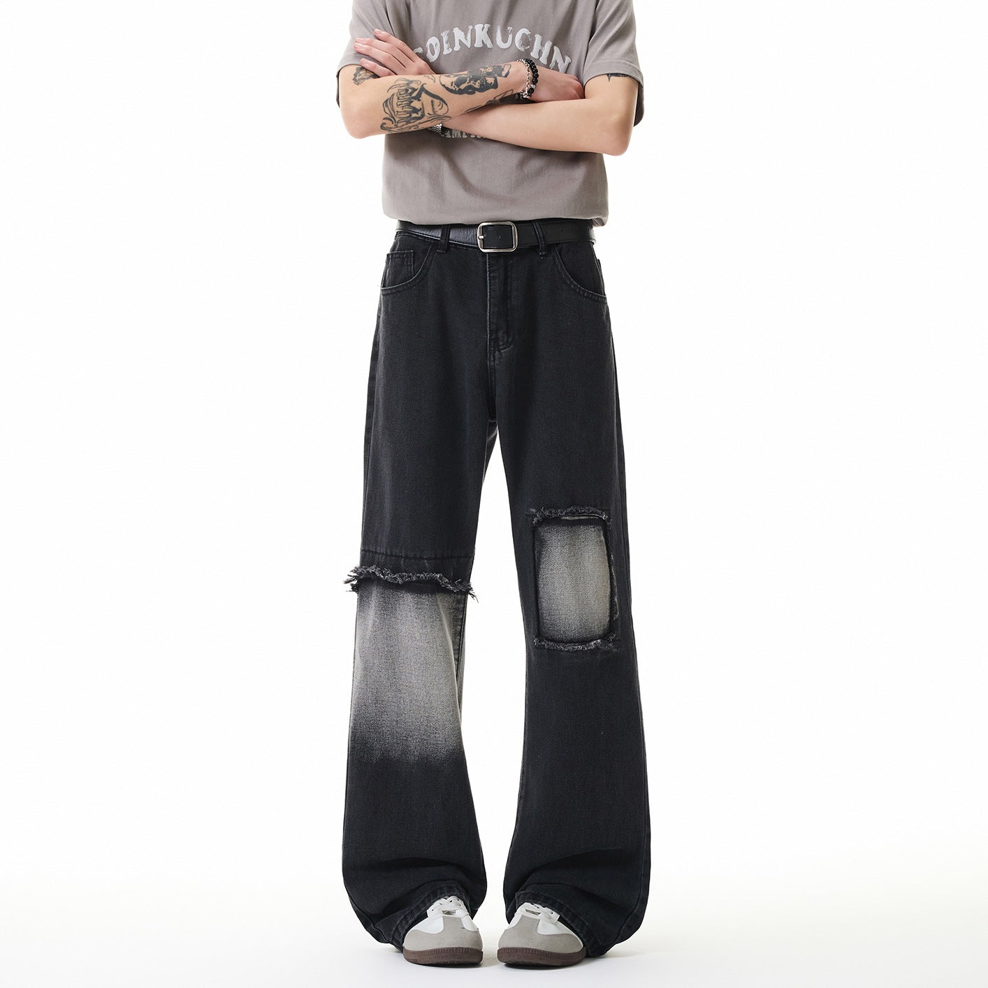 Street Style Light Gray and Charcoal Black Ripped Jeans for Men