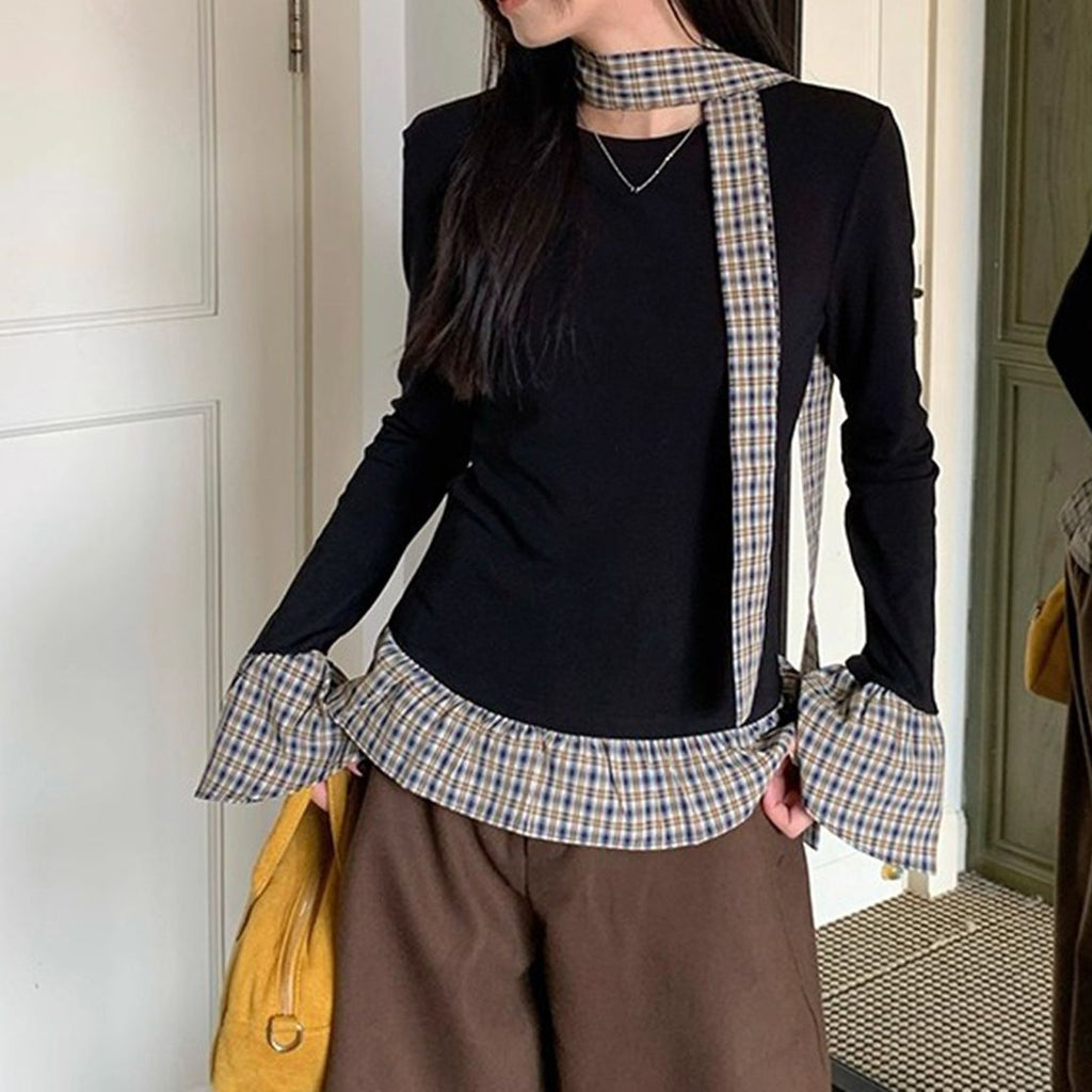 Stylish Two-Piece Plaid Top for Women, Spring and Autumn Innerwear, Unique Fitted Long Sleeve T-Shirt with Waist-Cinching Design