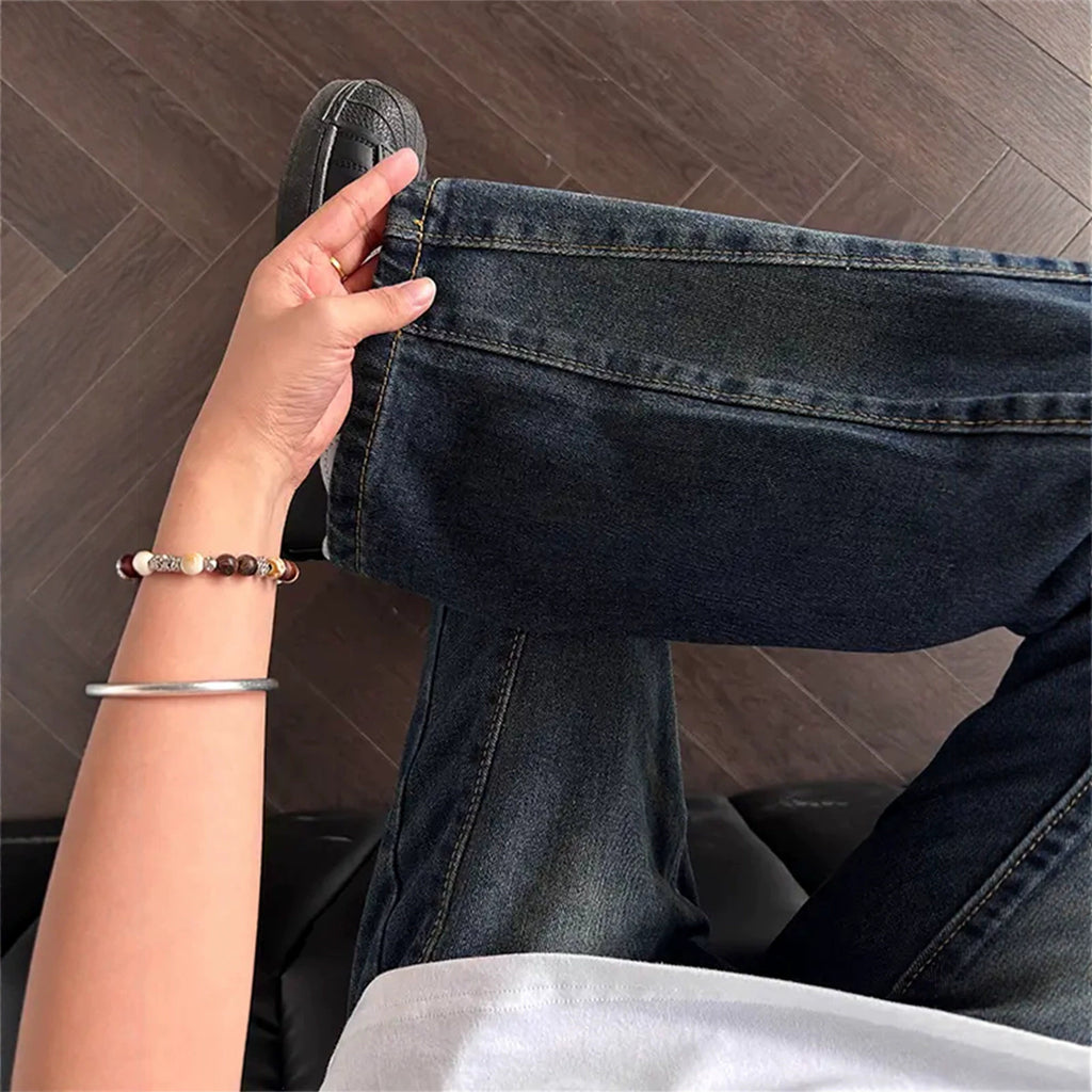 Retro Style Men's Black Wide-Legged Flared Denim Pants, High Street Fashion Design, Versatile Casual Trousers