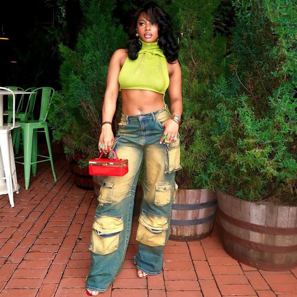 Women's Straight Leg Jeans, High Waist Utility Pants with Multiple Pockets Fashionable and Unique Design