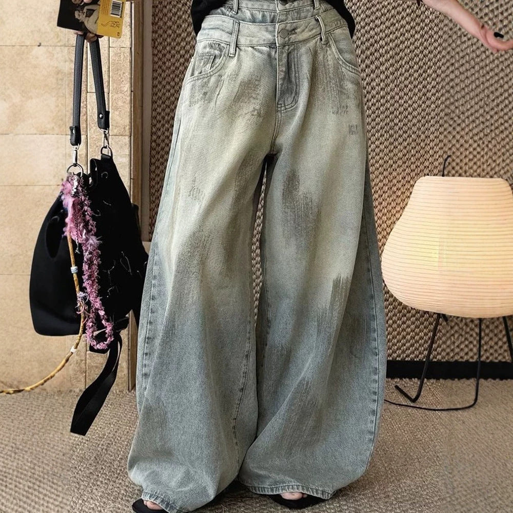 Vintage Distressed Mud-Dyed Double Waistband Curved Knife Jeans Unisex High Street Loose Versatile Casual Wide Leg Pants