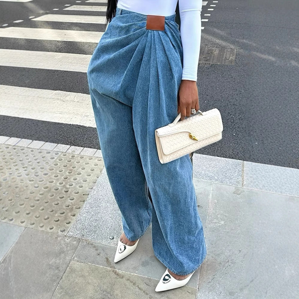 Street Style High-Waisted Wide-Leg Washed Denim Pants for Women