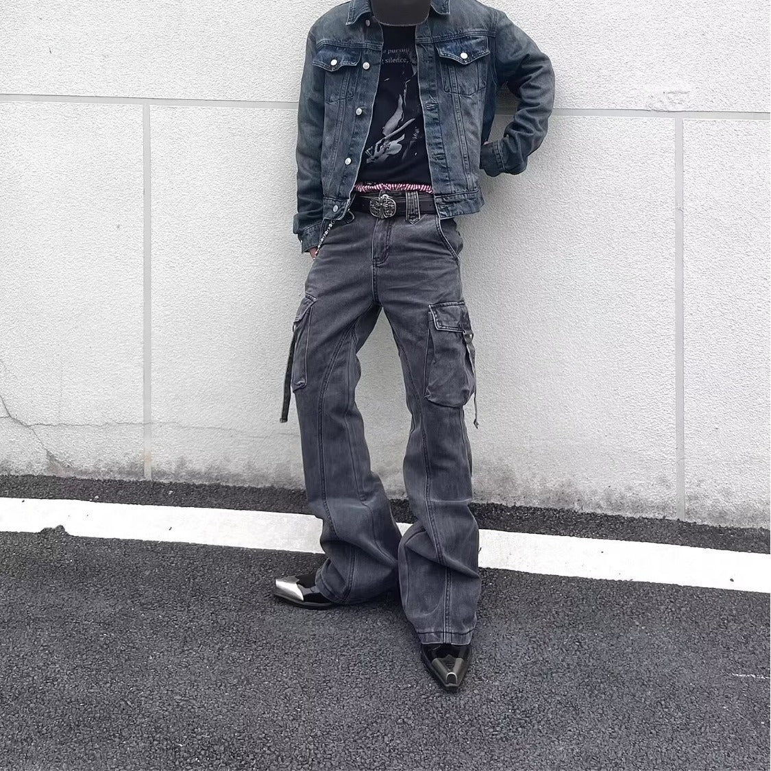 Street Style Distressed Washed Multi-Pocket Flared Cargo Jeans