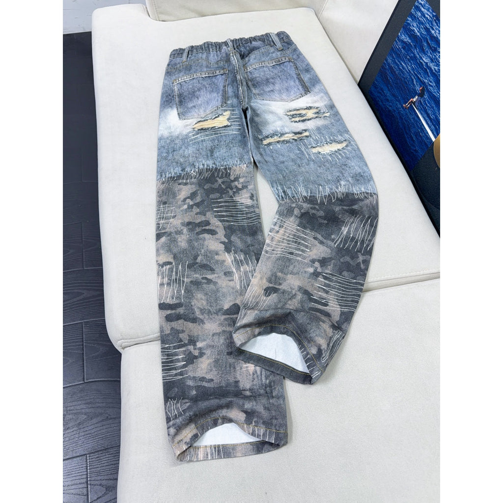 Ripped Denim Pants Straight Leg Jeans