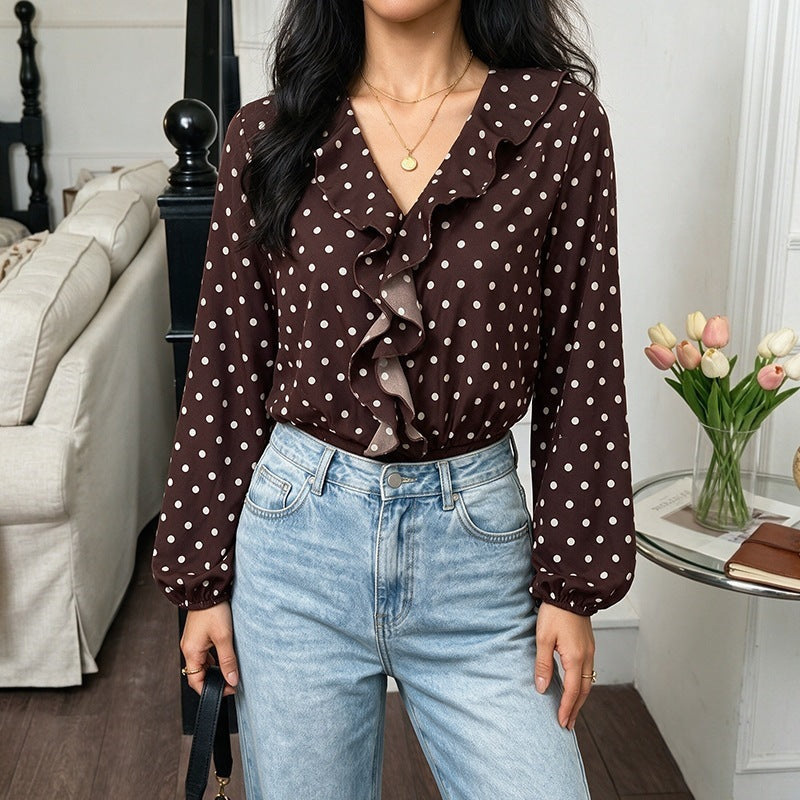 V-neck polka dot long sleeved jumpsuit
