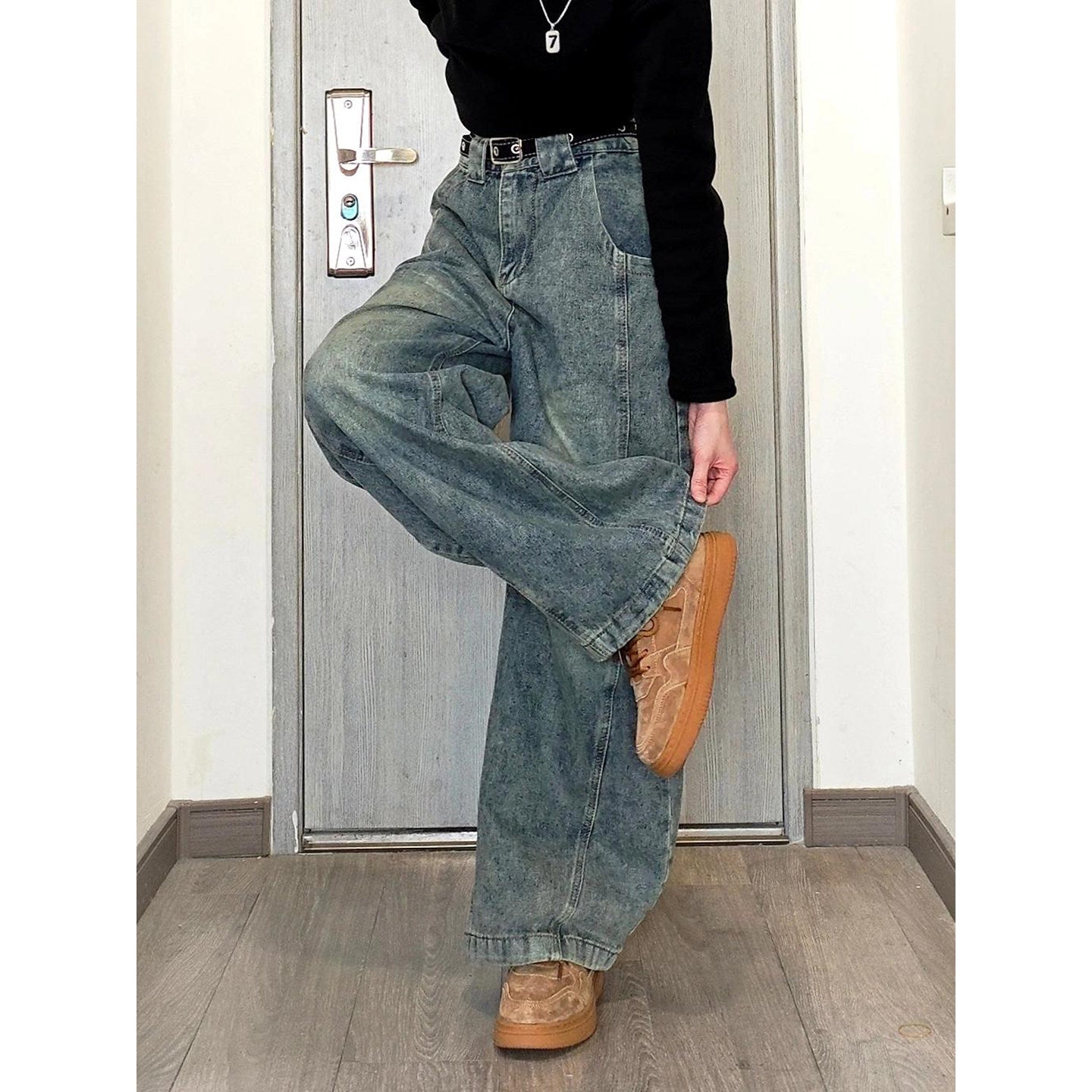 Retro Blue Patchwork Gradient Knife-Edge Jeans