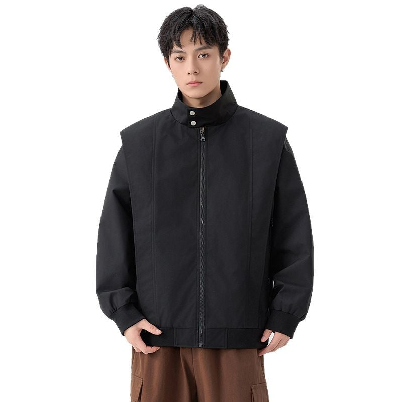 Cleanfit  Stand Collar Jacket for Men, Deconstructed Spliced Casual Loose Fit Stand Collar Jacket