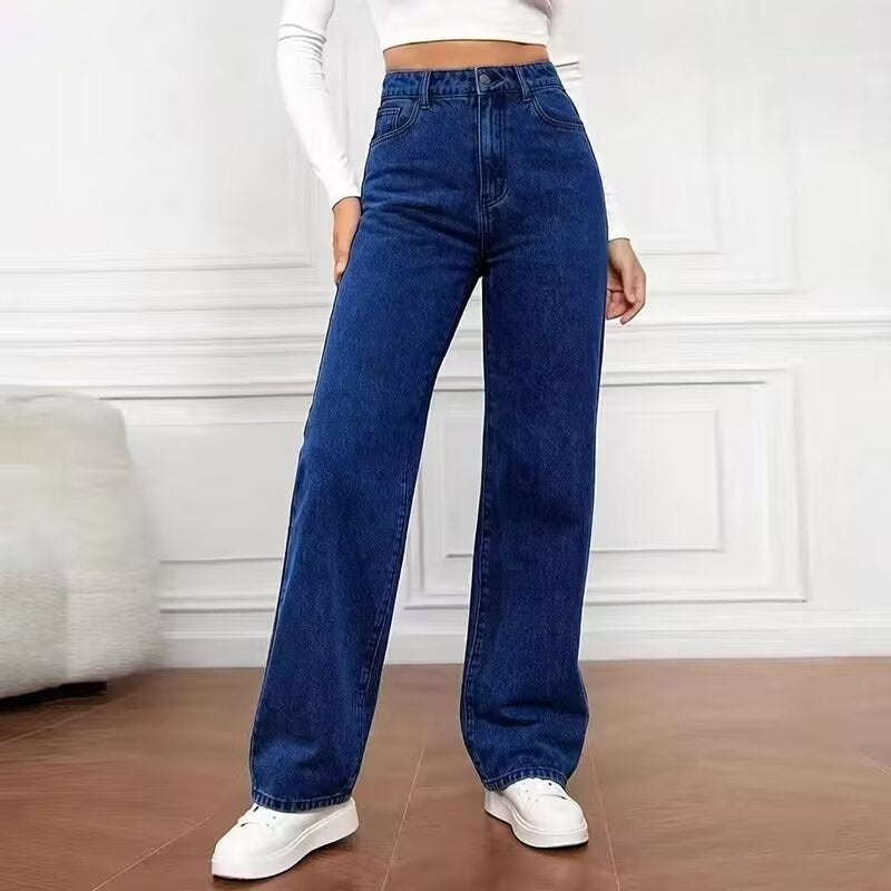 Chic Women's Fashionable Denim Pants Summer Casual Elegant Solid Color Long Trousers