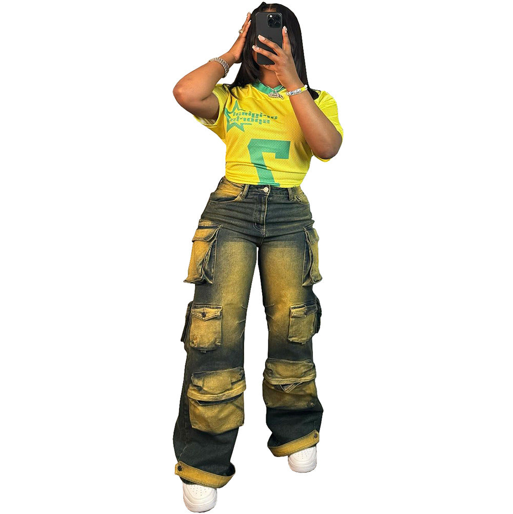 Women's Straight Leg Jeans, High Waist Utility Pants with Multiple Pockets Fashionable and Unique Design