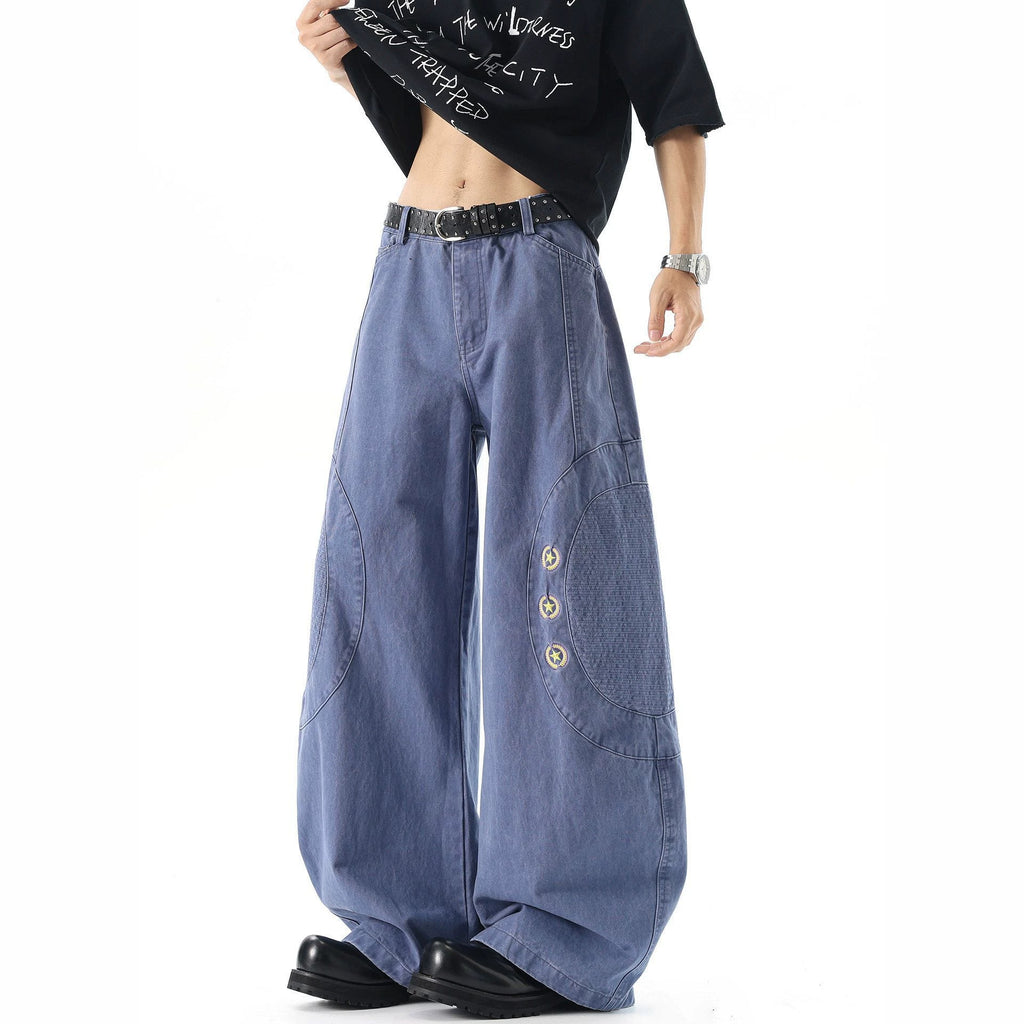 High Waist Men's Arc Fashion Patchwork Star Design Jeans Summer Loose Drape Versatile Wide Leg Pants