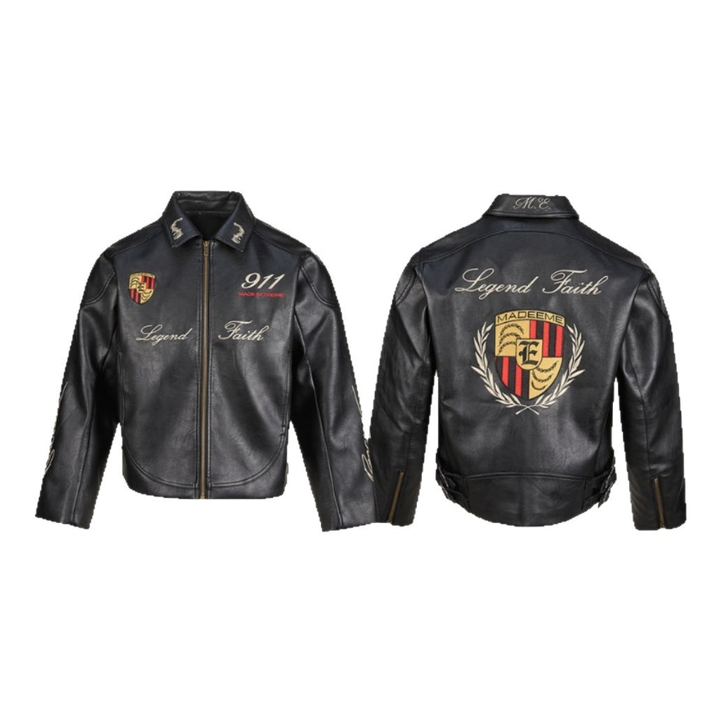 Street Biker Heavy Embroidery Long Sleeve PU Leather Zipper Lapel Crop Men's Jacket