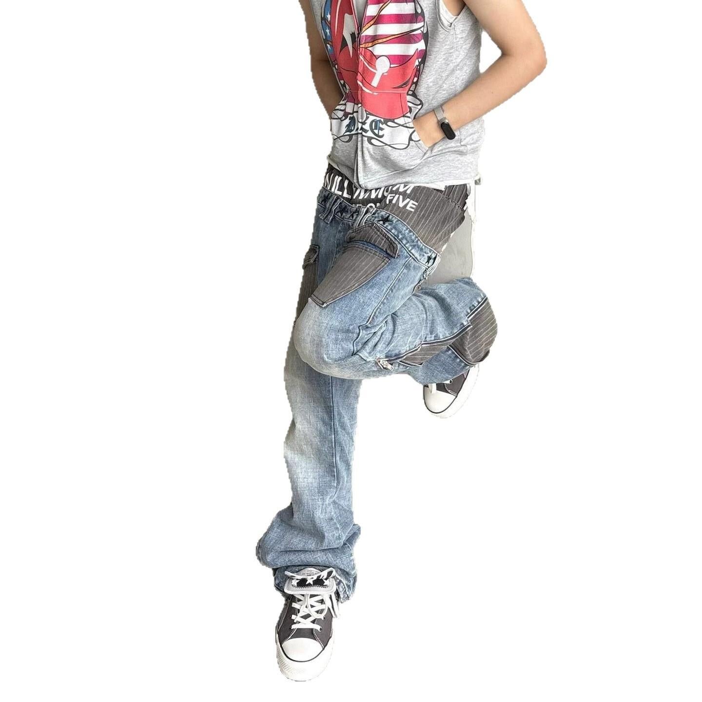 Fashion Street Dual-Pocket Color-Blocking Letter Design Men's Loose Baggy Straight-Leg Jeans Pants