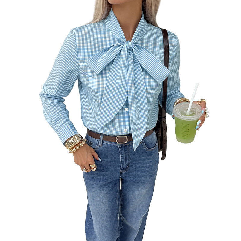 Plaid bow collar long sleeved shirt
