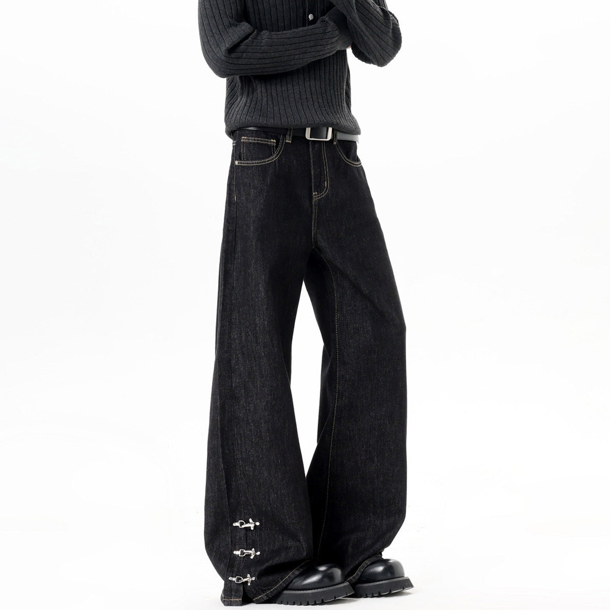 Style Buckle Denim Pants Men Spring Autumn New Retro Design Flared Trendy Cleanfit Long Trousers