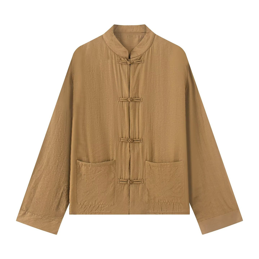 Long sleeved stand up collar satin rope buttoned shirt
