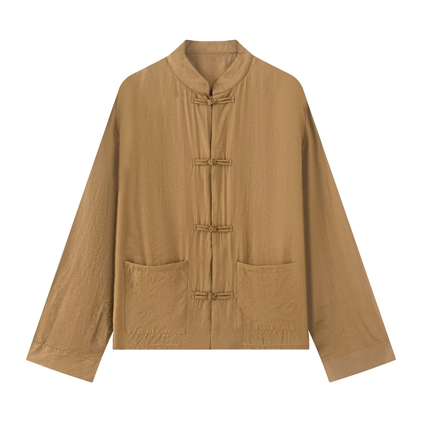 Long sleeved stand up collar satin rope buttoned shirt