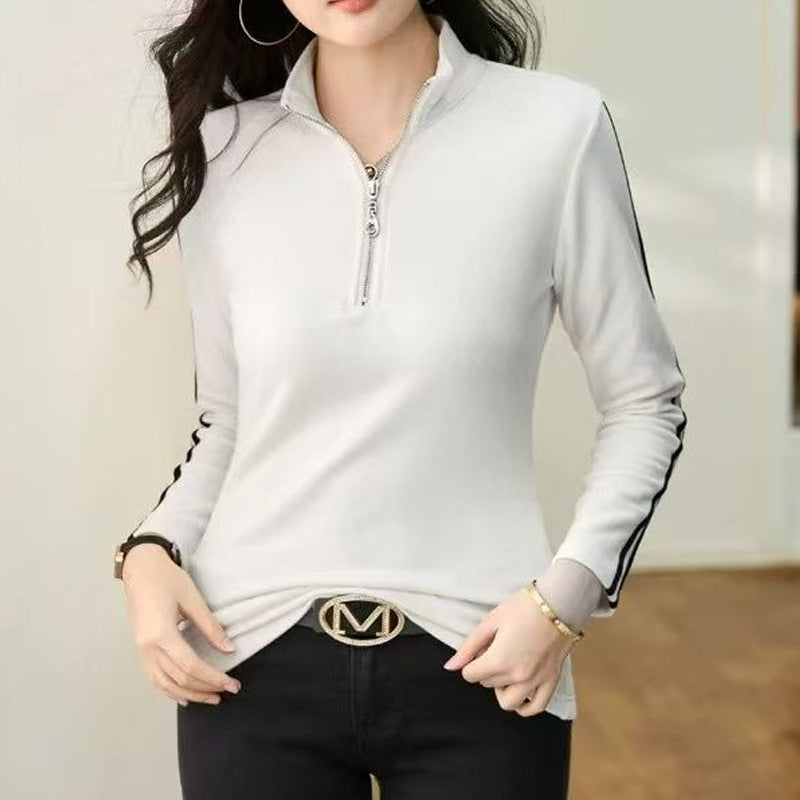 Double-Sided Velvet High Neck Zip-Up Long Sleeve T-Shirt for Women, Inner Layer or Outerwear Top