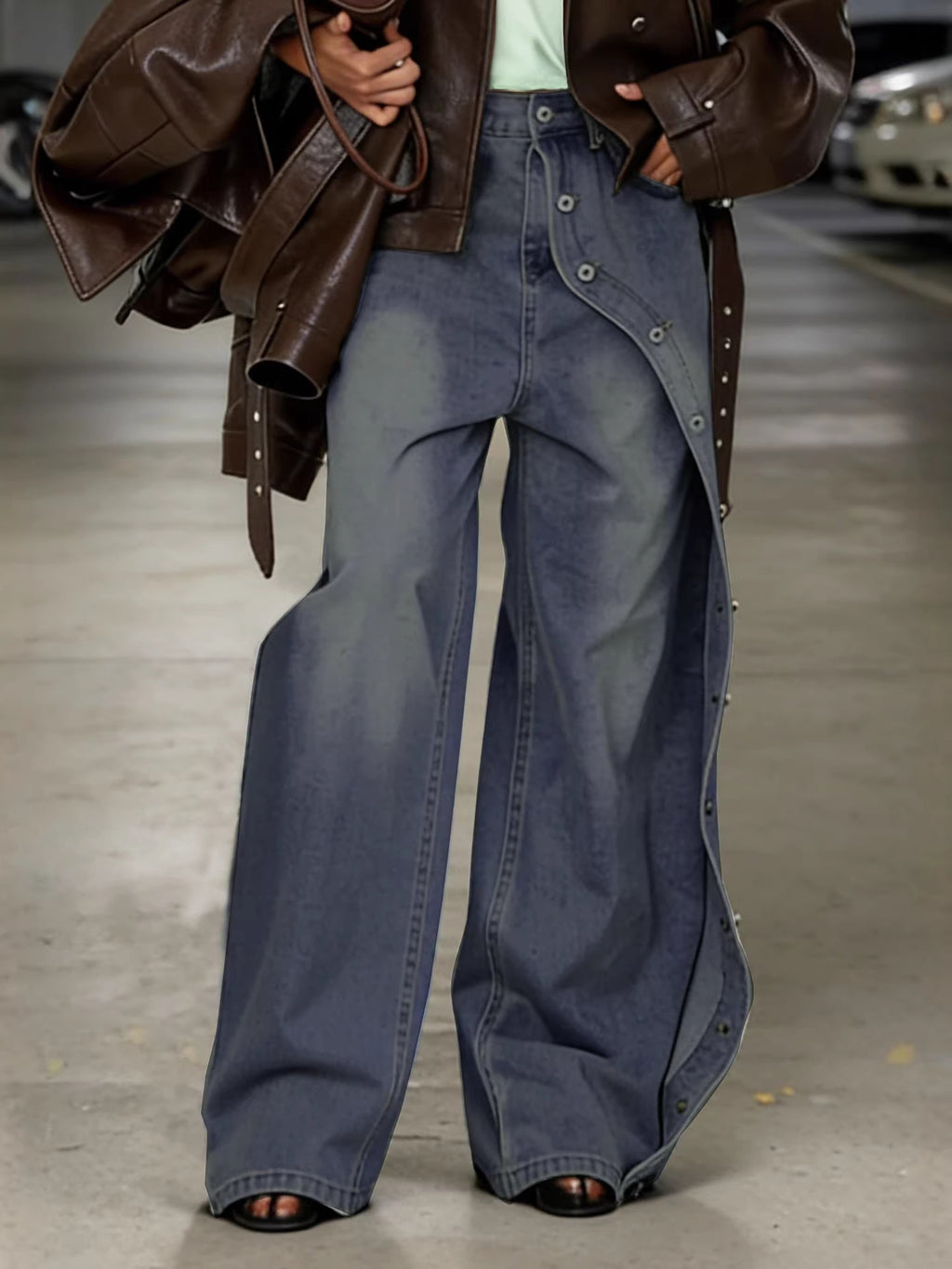 Street Style Heavy Duty Single-Side Multi-Button Design Washed Denim Pants
