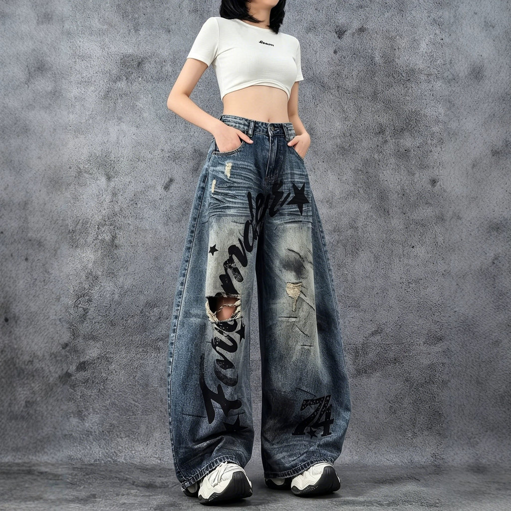 Streetwear Retro Distressed Ripped Wide-Leg Denim Long Pants for Women High-Waisted Slim-Fitting Floor-Length Trousers Summer Letter Knife-Edge Jeans