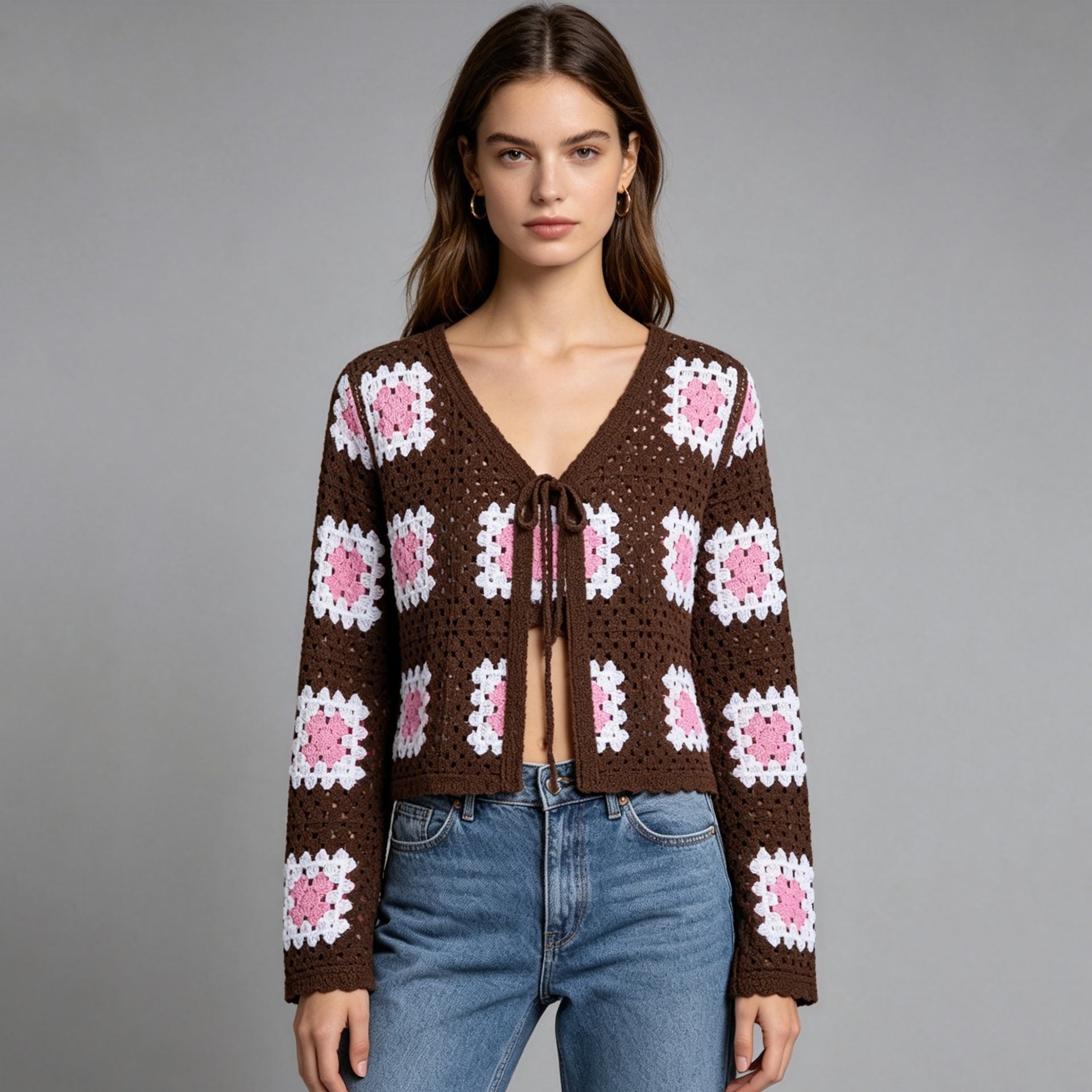 Grid tie cardigan long sleeved top