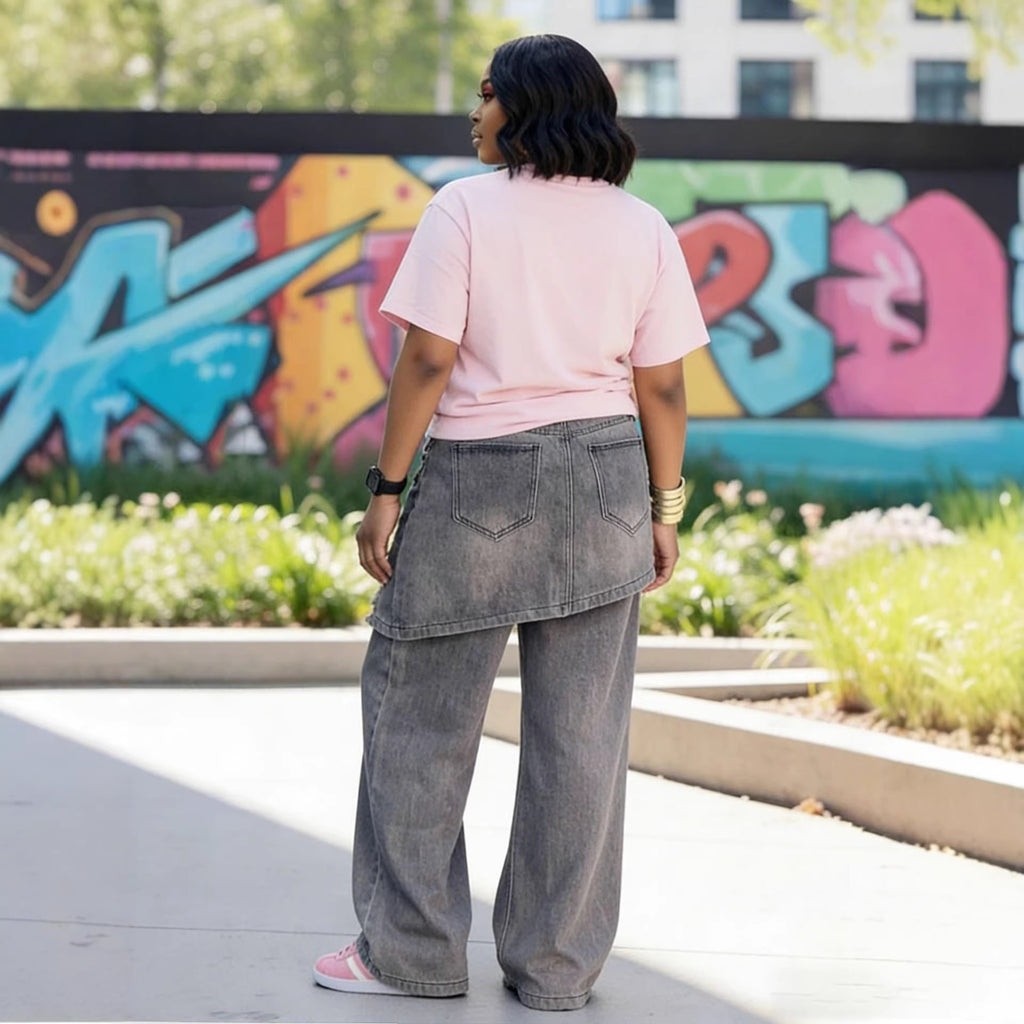 Street Style Irregular Ripped Denim Pants with False Two-Piece Design