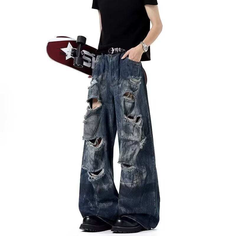 Washed Distressed Knife-Edge Pants for Men Summer Casual Loose Fit  Denim Trousers