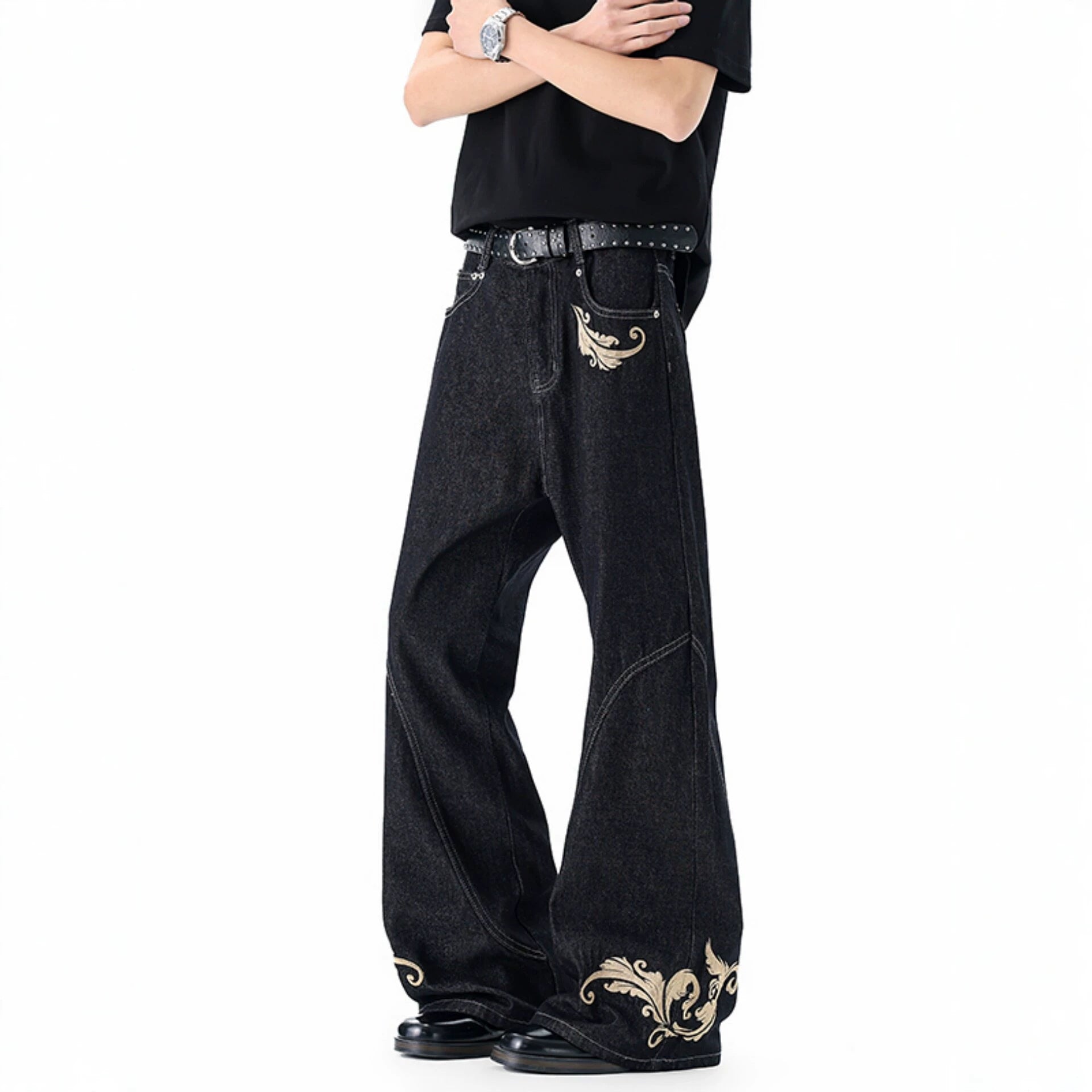 Vintage Distressed Black Denim Pants Men's New Design Wide Leg Flared High Street Versatile Trousers