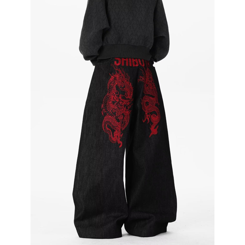 Red Dragon Embroidery Knife Jeans Men Loose Casual Cargo Wide Leg Long Pants