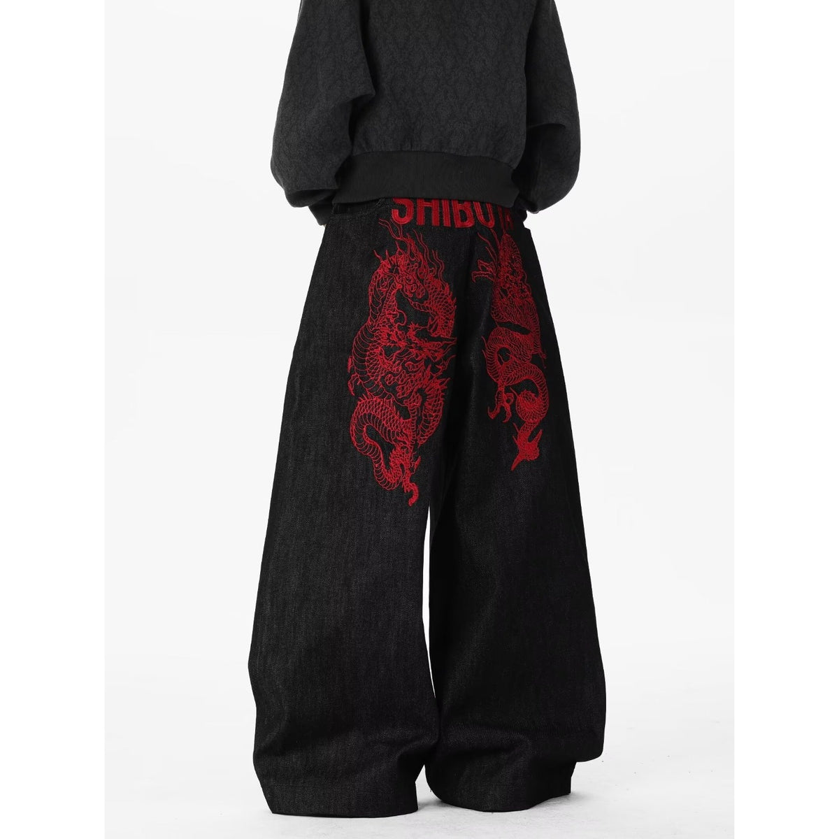 Red Dragon Embroidery Knife Jeans Men Loose Casual Cargo Wide Leg Long Pants