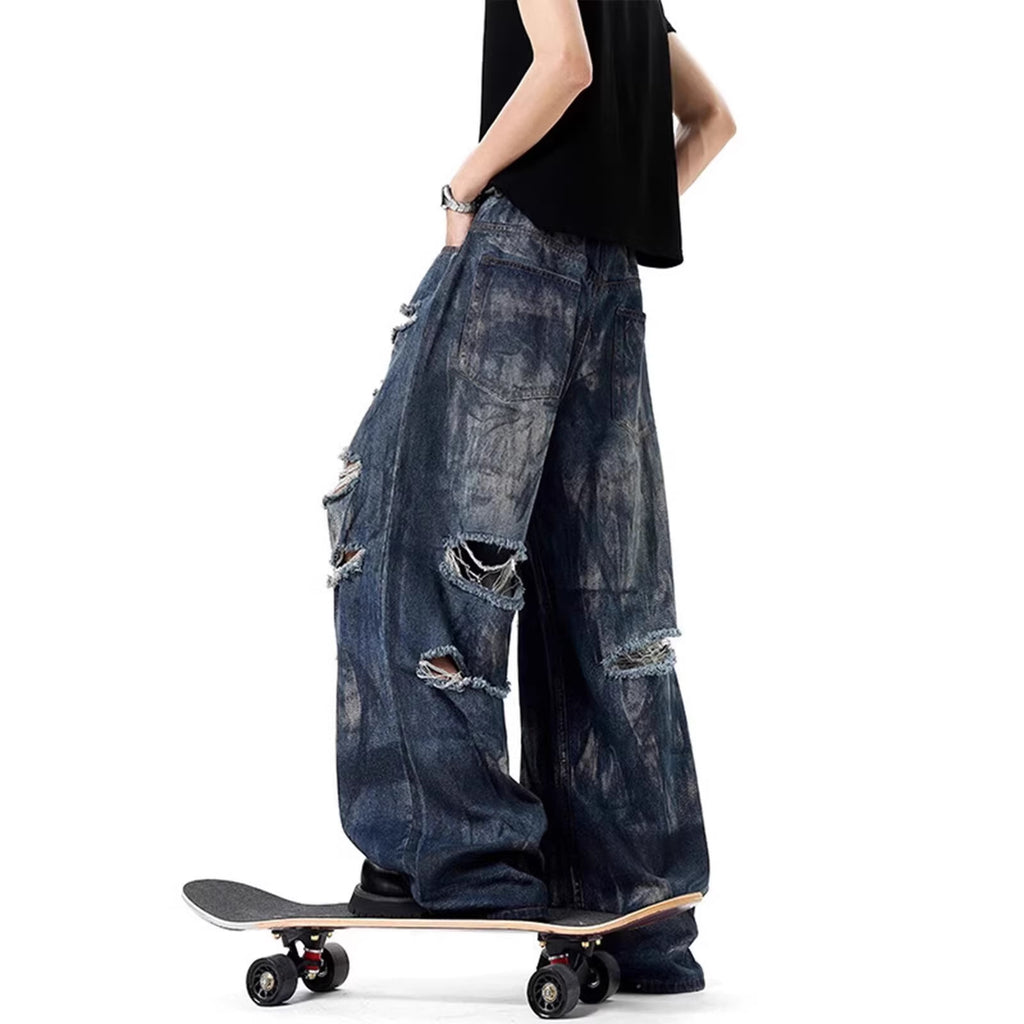 Washed Distressed Knife-Edge Pants for Men Summer Casual Loose Fit  Denim Trousers