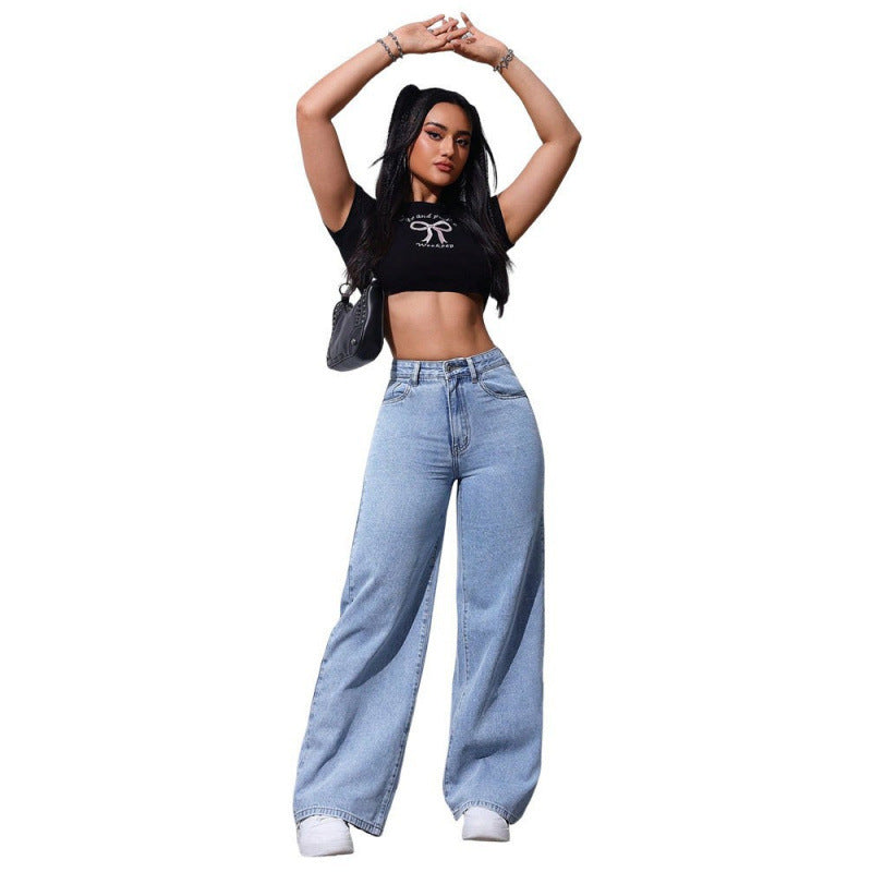 Elegant and Versatile Women's Denim Pants, Fashionable Casual Solid Color Long Trousers
