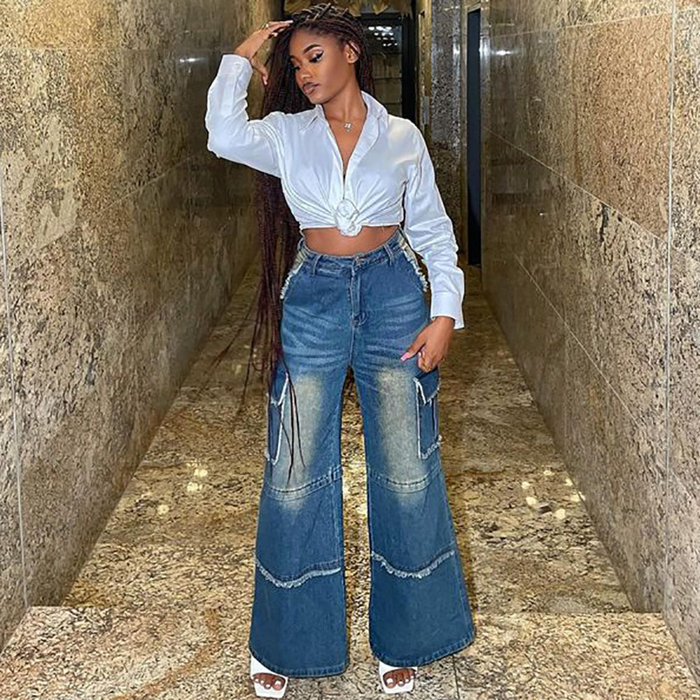 Straight-leg denim pants for women high-waisted wide-leg retro washed stylefashion casual jeans