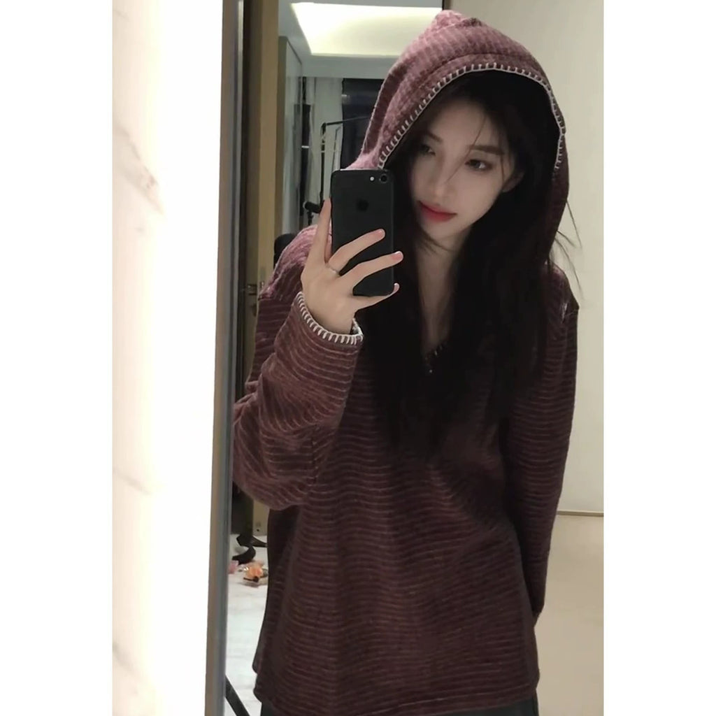 striped hoodie for women, loose fit, vintage thin long sleeve T-shirt