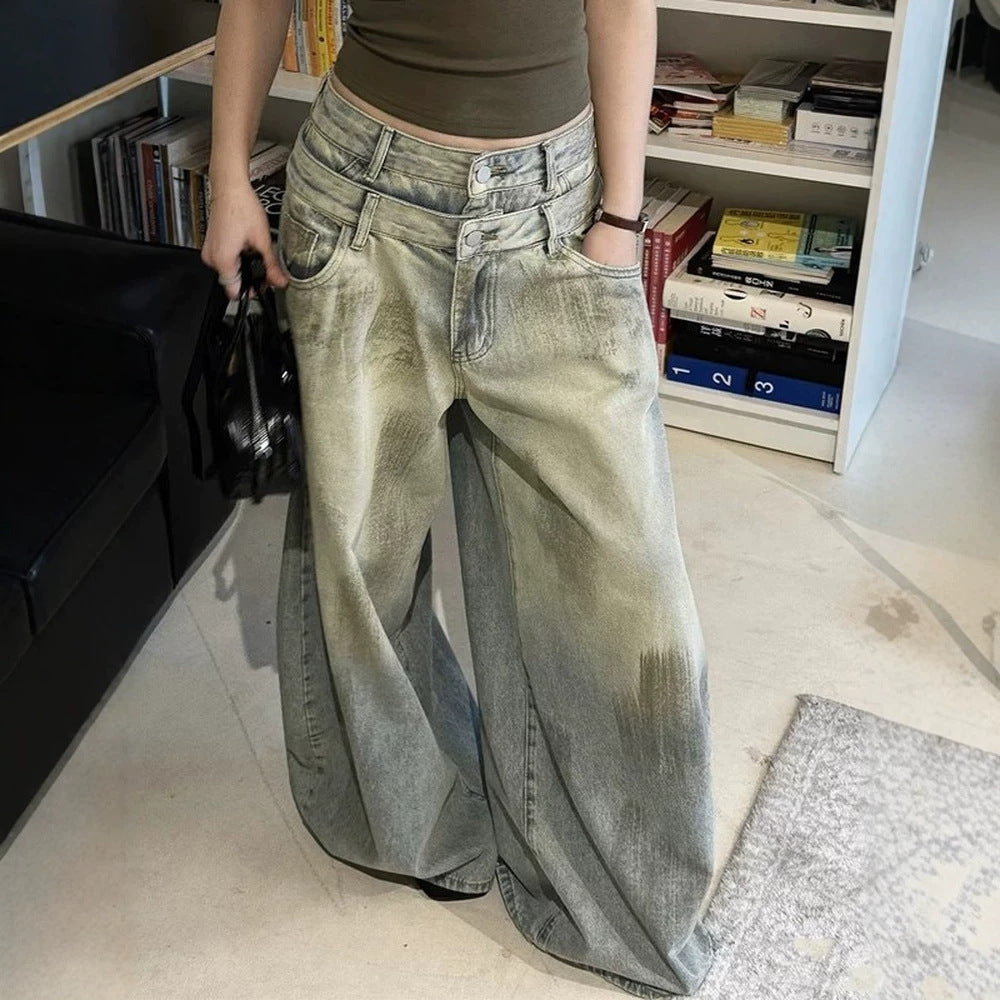 Vintage Distressed Mud-Dyed Double Waistband Curved Knife Jeans Unisex High Street Loose Versatile Casual Wide Leg Pants