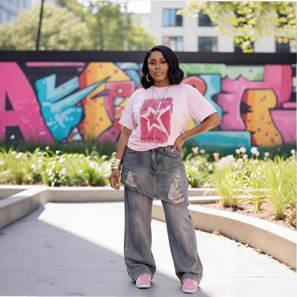 Street Style Irregular Ripped Denim Pants with False Two-Piece Design