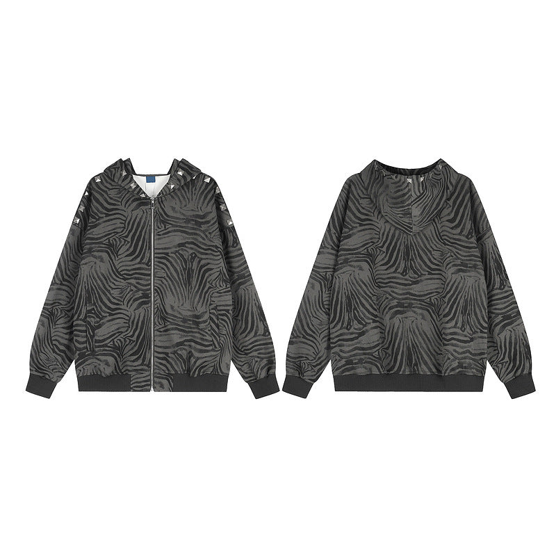 Black gray tiger pattern rivet hooded cardigan for women