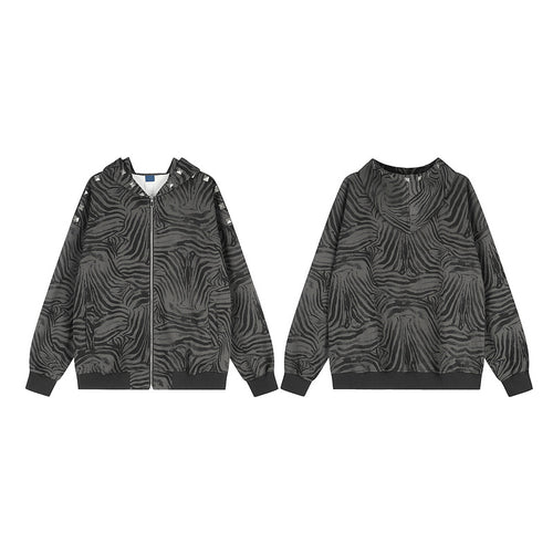 Black gray tiger pattern rivet hooded cardigan for women