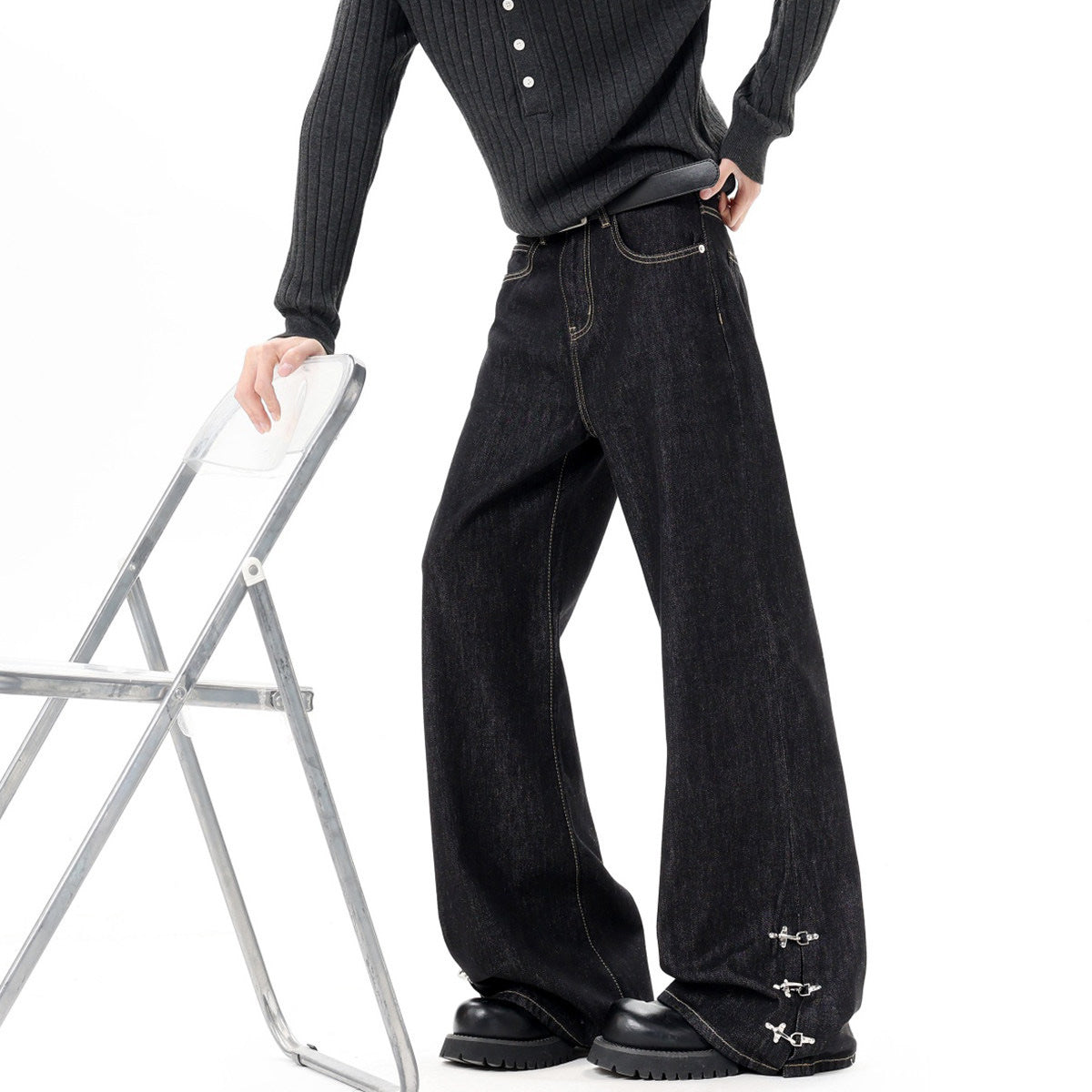 Style Buckle Denim Pants Men Spring Autumn New Retro Design Flared Trendy Cleanfit Long Trousers