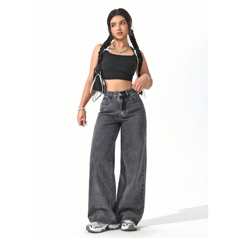 Elegant and Versatile Women's Denim Pants, Fashionable Casual Solid Color Long Trousers
