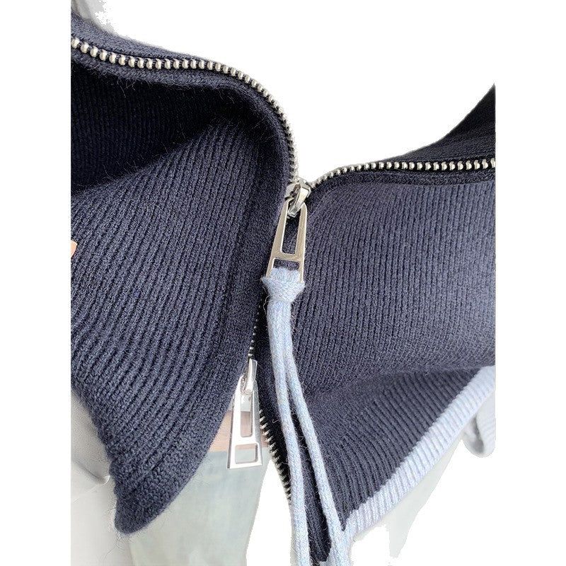 Chic Loose Double-Zip Short Knit Cardigan for Women, Pure Color Letter Embroidery Sweater Coat, Autumn Spring New Style