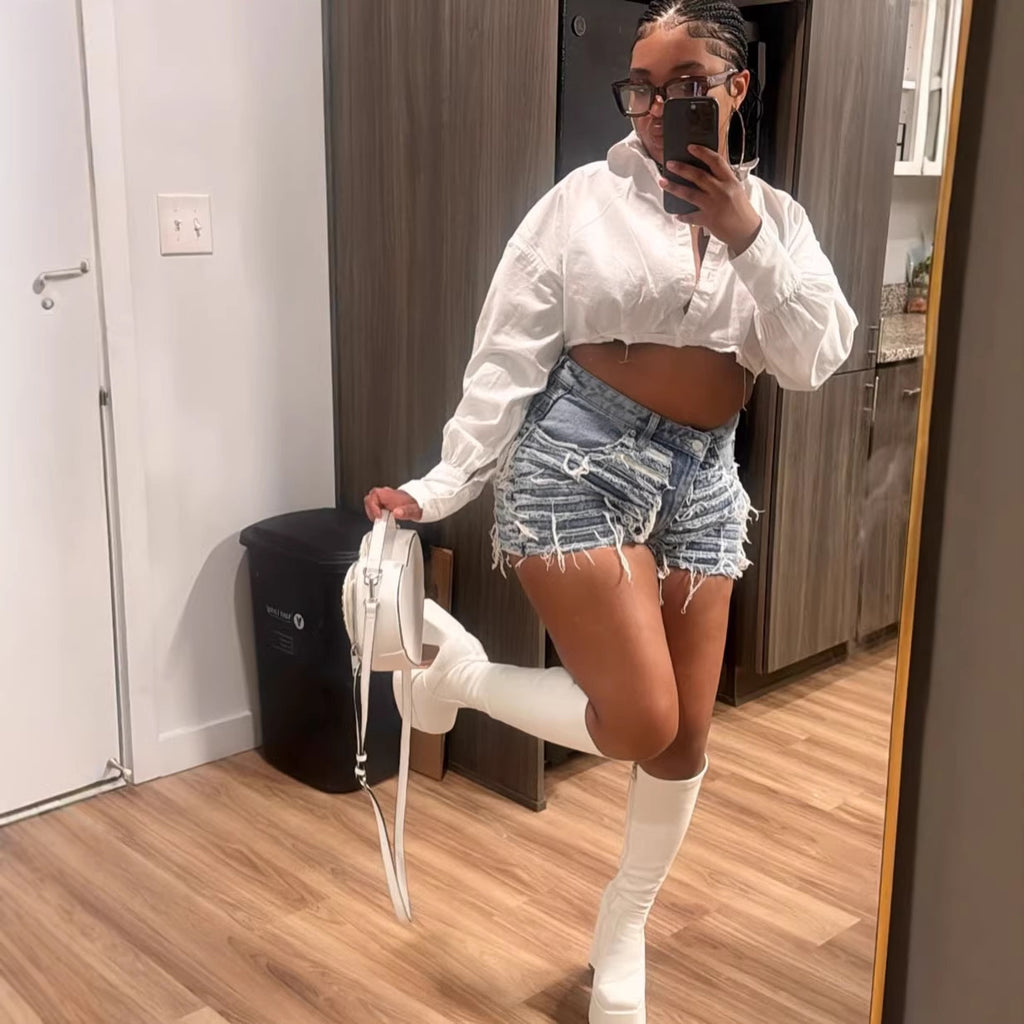Women's High-Waisted Denim Shorts, Street Fashion Style Hand-Sanded