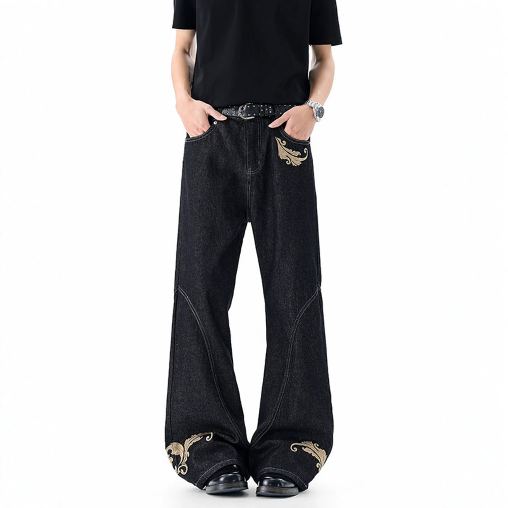 Vintage Distressed Black Denim Pants Men's New Design Wide Leg Flared High Street Versatile Trousers