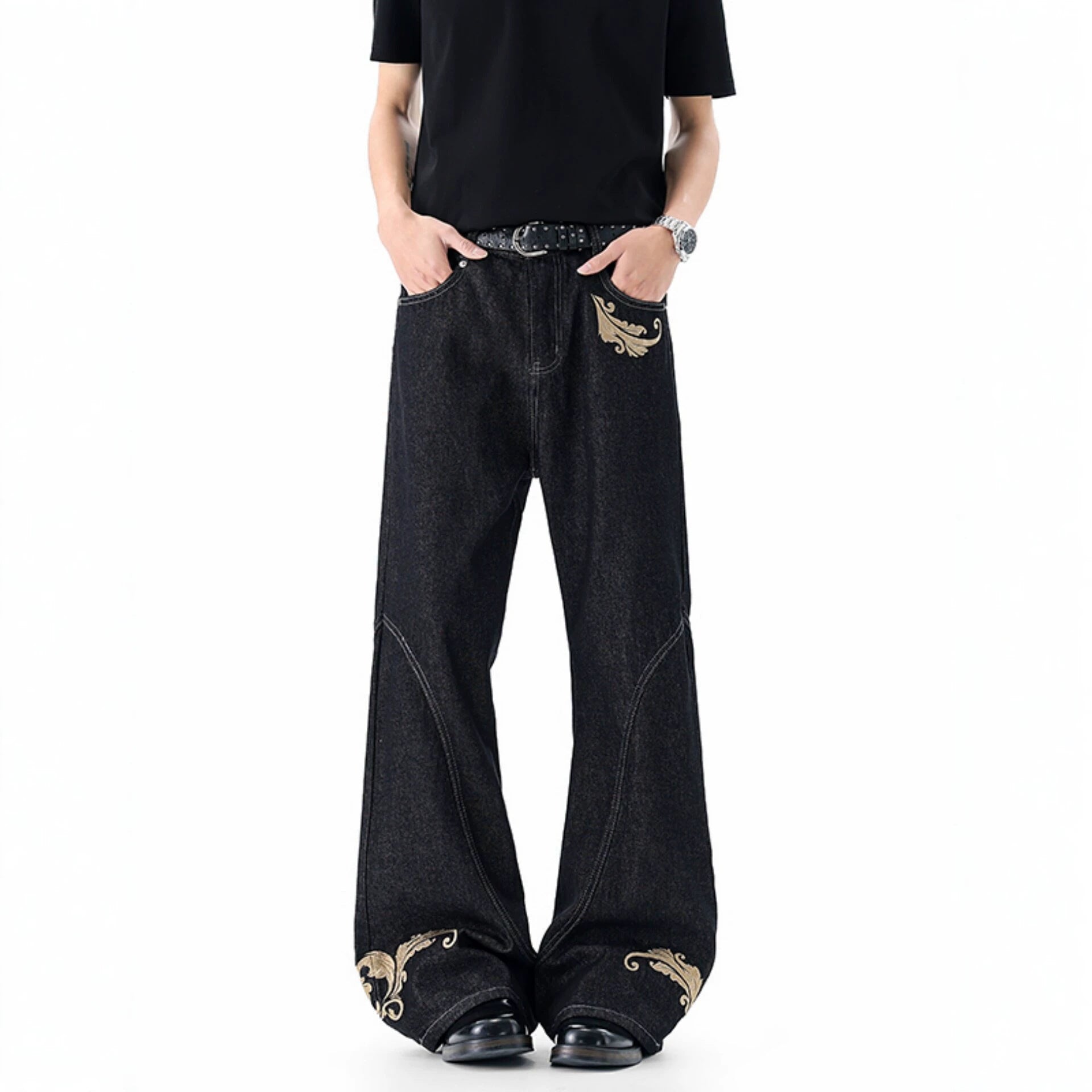 Vintage Distressed Black Denim Pants Men's New Design Wide Leg Flared High Street Versatile Trousers